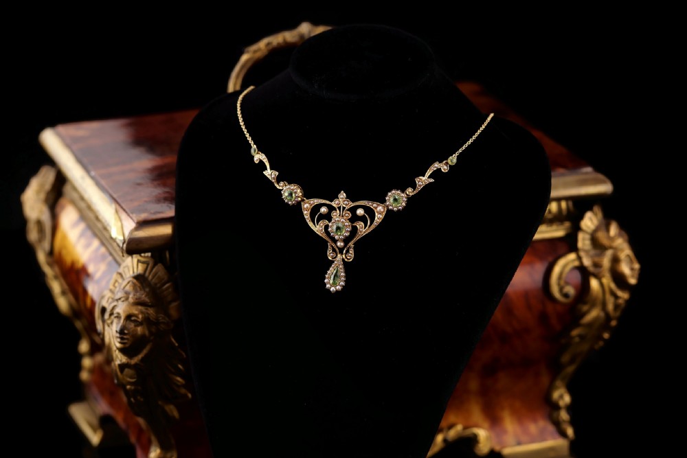 Antique 15ct Gold Peridot & Pearl Lavalier Necklace - Art Nouveau c.1900s View XXII