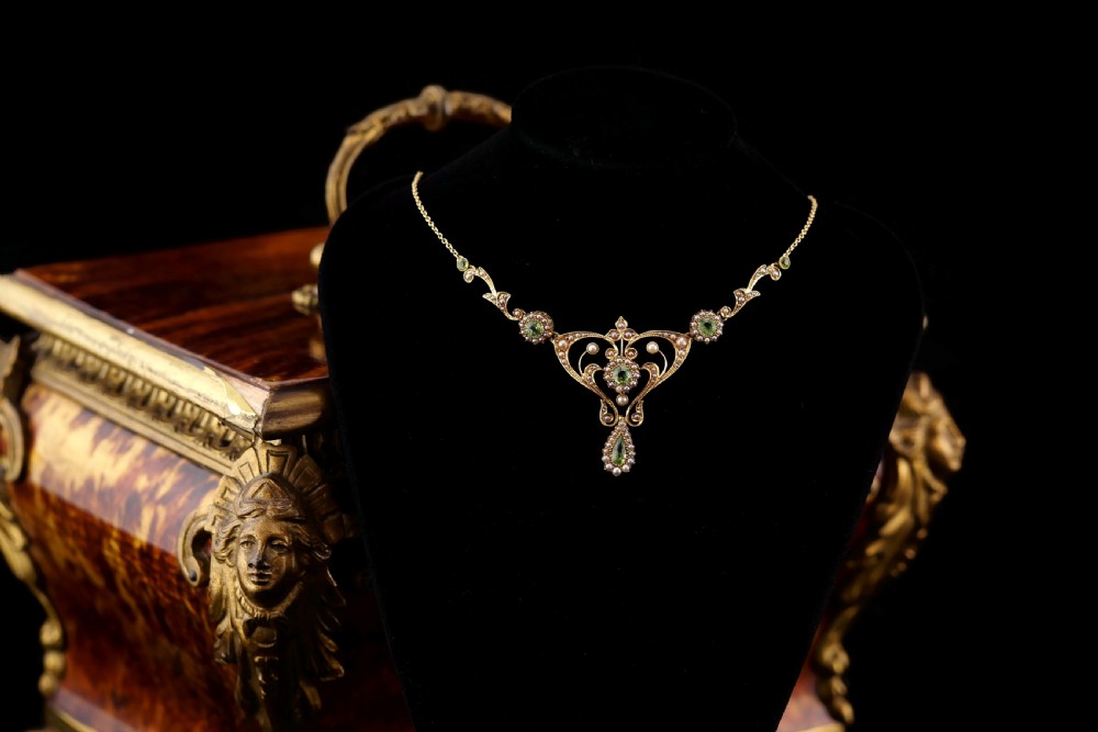 Antique 15ct Gold Peridot & Pearl Lavalier Necklace - Art Nouveau c.1900s View XXIII