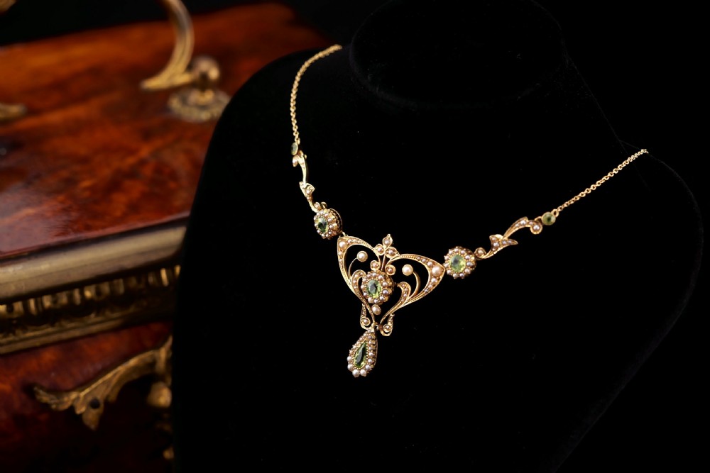 Antique 15ct Gold Peridot & Pearl Lavalier Necklace - Art Nouveau c.1900s View XXIV