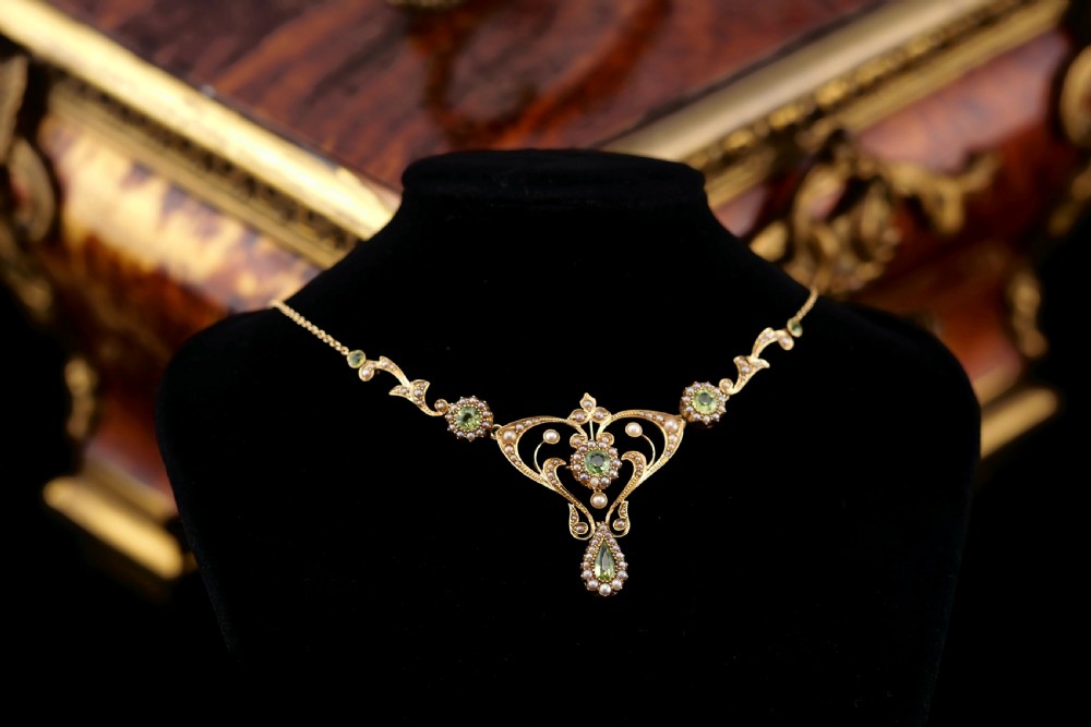 Antique 15ct Gold Peridot & Pearl Lavalier Necklace - Art Nouveau c.1900s View XXV