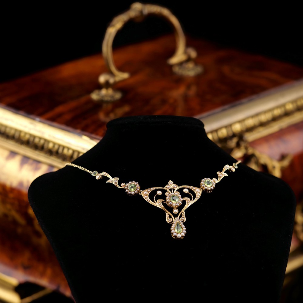 Antique 15ct Gold Peridot & Pearl Lavalier Necklace - Art Nouveau c.1900s View XXVI