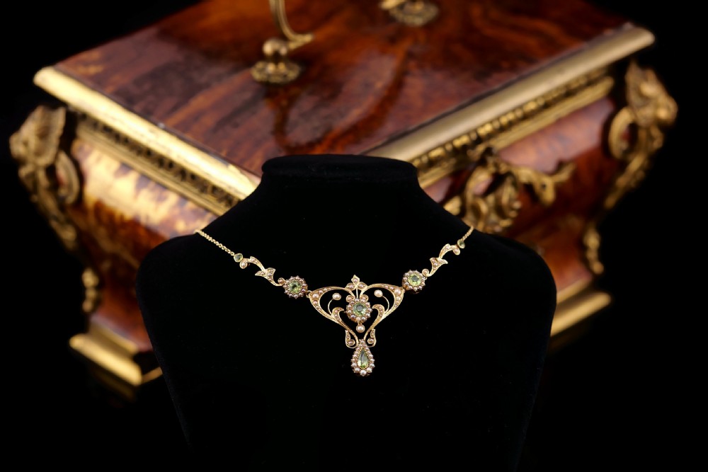 Antique 15ct Gold Peridot & Pearl Lavalier Necklace - Art Nouveau c.1900s View XXVII