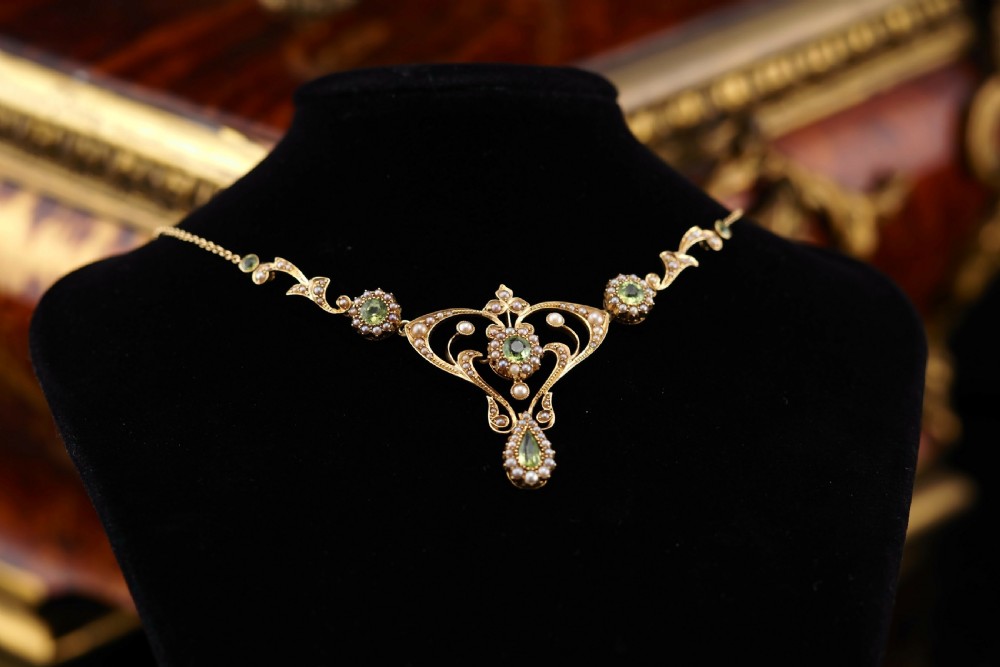 Antique 15ct Gold Peridot & Pearl Lavalier Necklace - Art Nouveau c.1900s View XXVIII