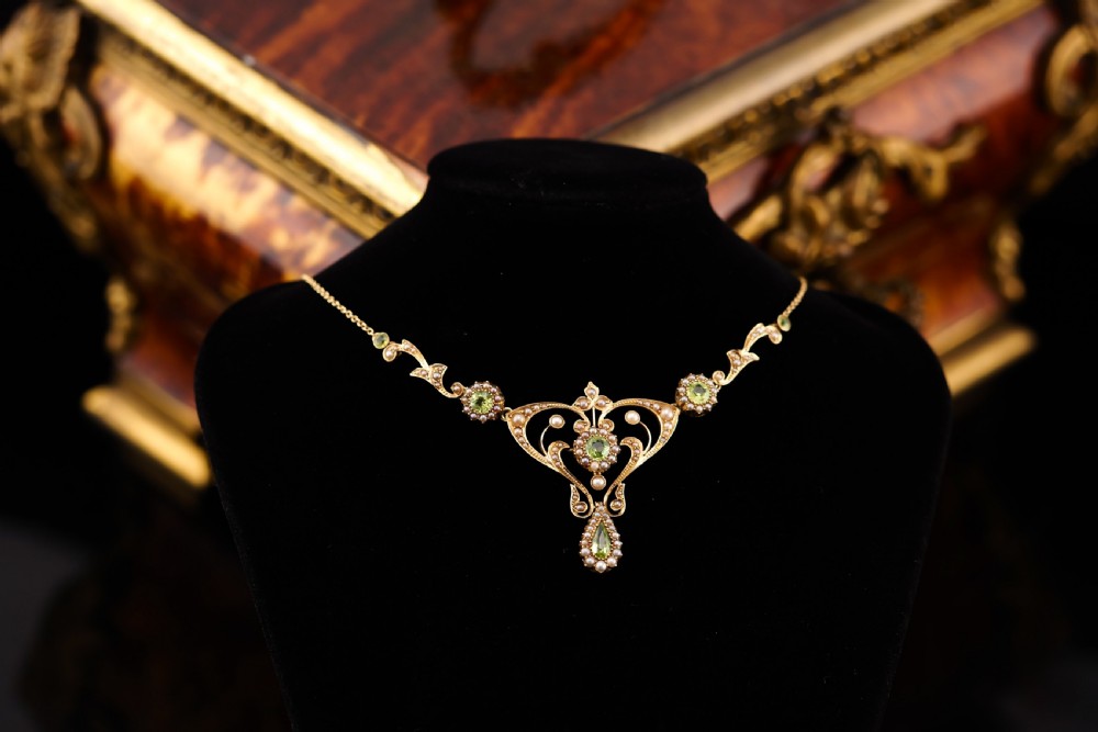 Antique 15ct Gold Peridot & Pearl Lavalier Necklace - Art Nouveau c.1900s View XXIX