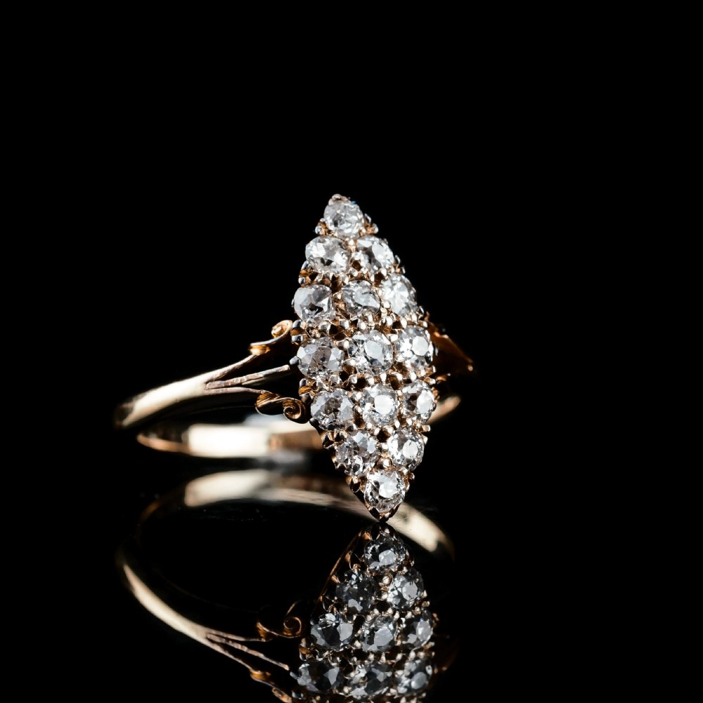 Antique Diamond Ring 18ct Gold Navette/Cluster Design - c.1900s View X