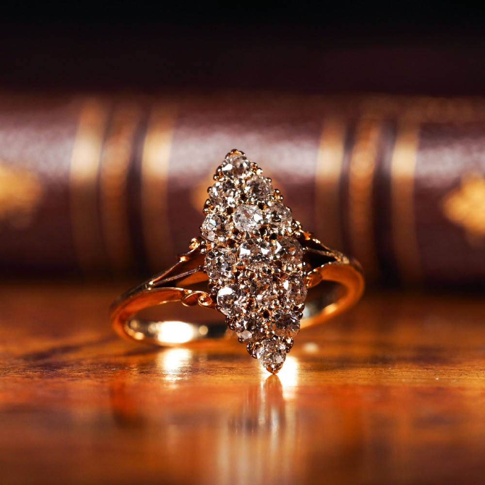 Antique Diamond Ring 18ct Gold Navette/Cluster Design - c.1900s View XVIII