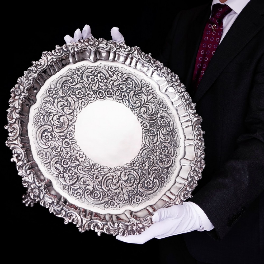 Antique Solid Silver Large Salver/Tray/Platter (47cm) - Georgian Irish Robert W Smith 1831 