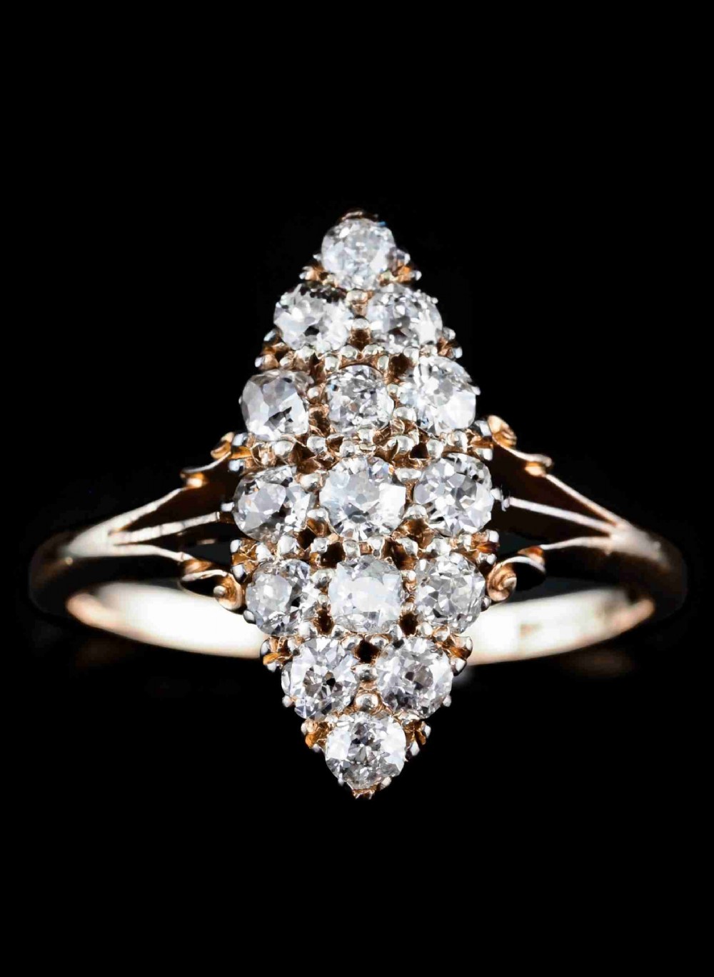 Antique Diamond Ring 18ct Gold Navette/Cluster Design - c.1900s