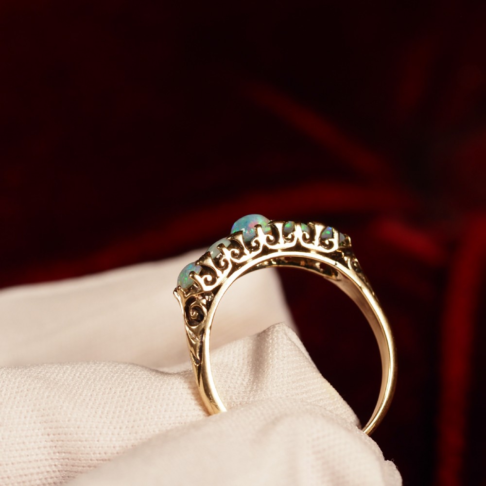 Antique Opal 14ct Gold Ring with 5 Cabochons & Fleur-de-lis Setting - Victorian c.1890 View IV