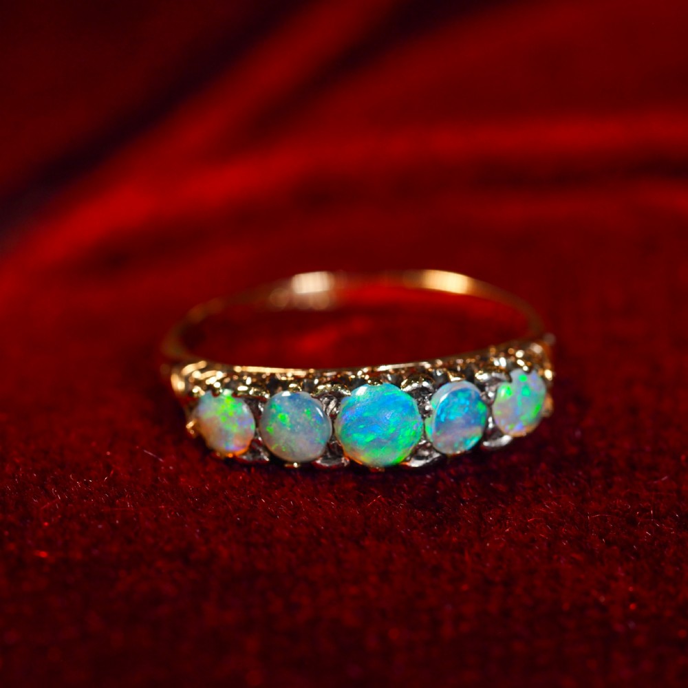 Antique Opal 14ct Gold Ring with 5 Cabochons & Fleur-de-lis Setting - Victorian c.1890 View VIII