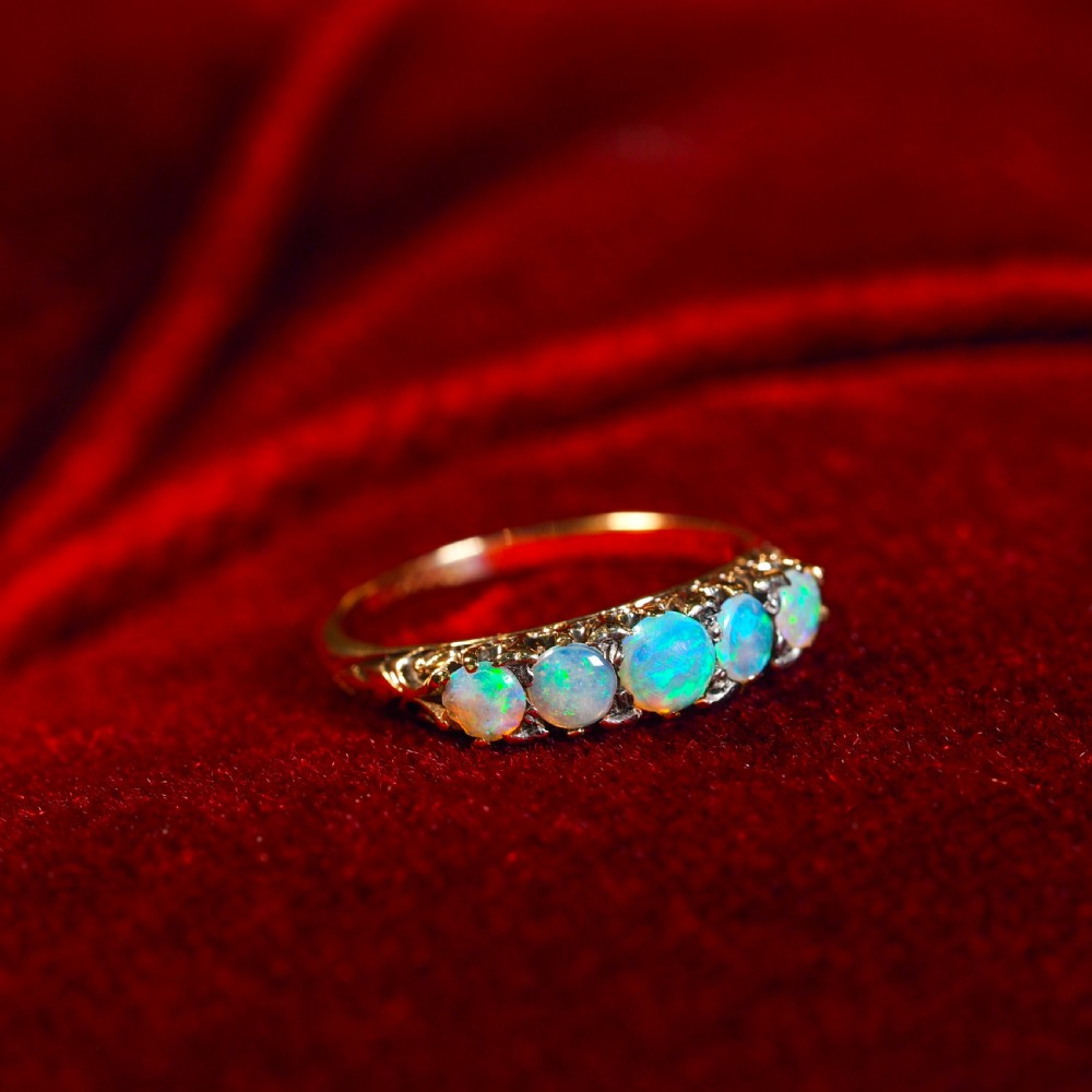 Antique Opal 14ct Gold Ring with 5 Cabochons & Fleur-de-lis Setting - Victorian c.1890 View IX