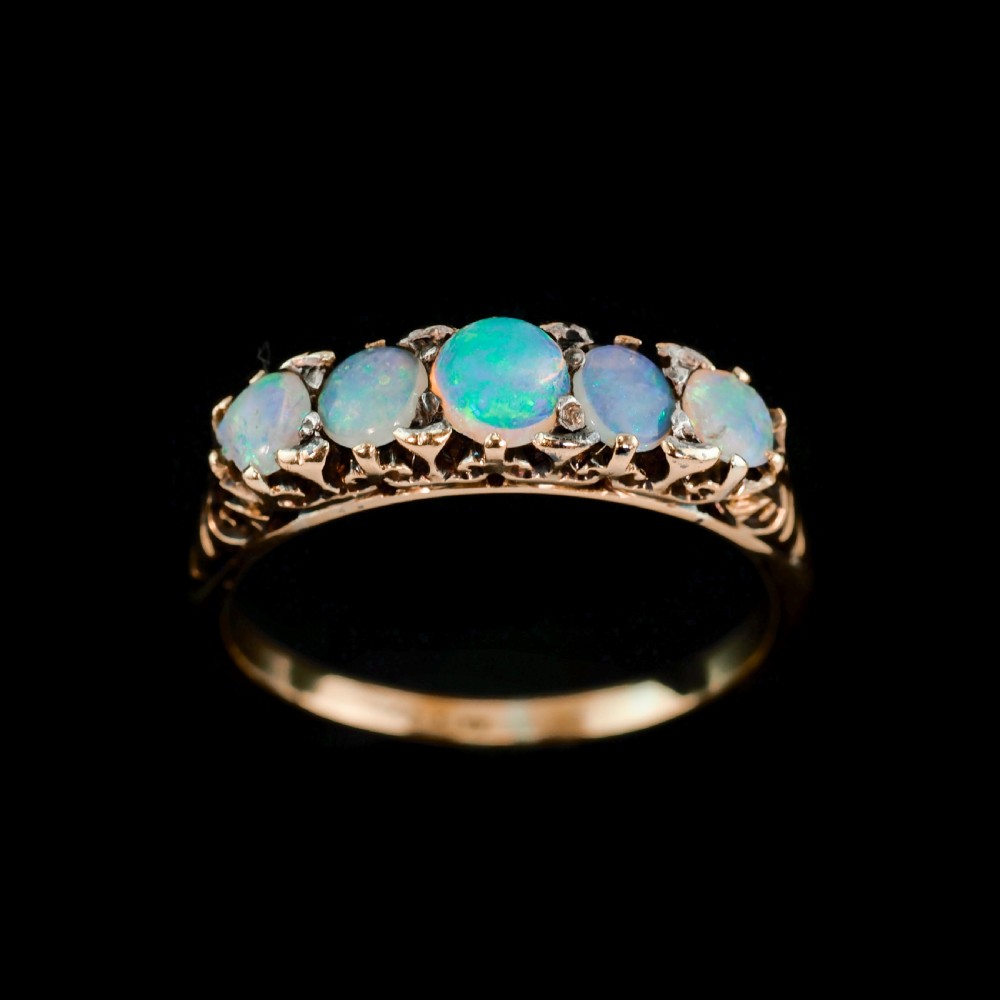 Antique Opal 14ct Gold Ring with 5 Cabochons & Fleur-de-lis Setting - Victorian c.1890 View XI
