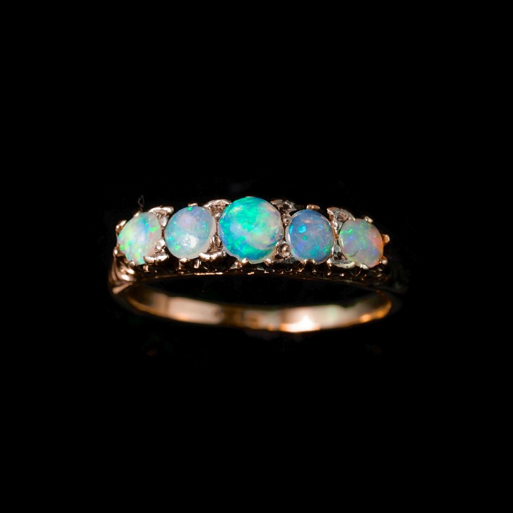 Antique Opal 14ct Gold Ring with 5 Cabochons & Fleur-de-lis Setting - Victorian c.1890 View XII