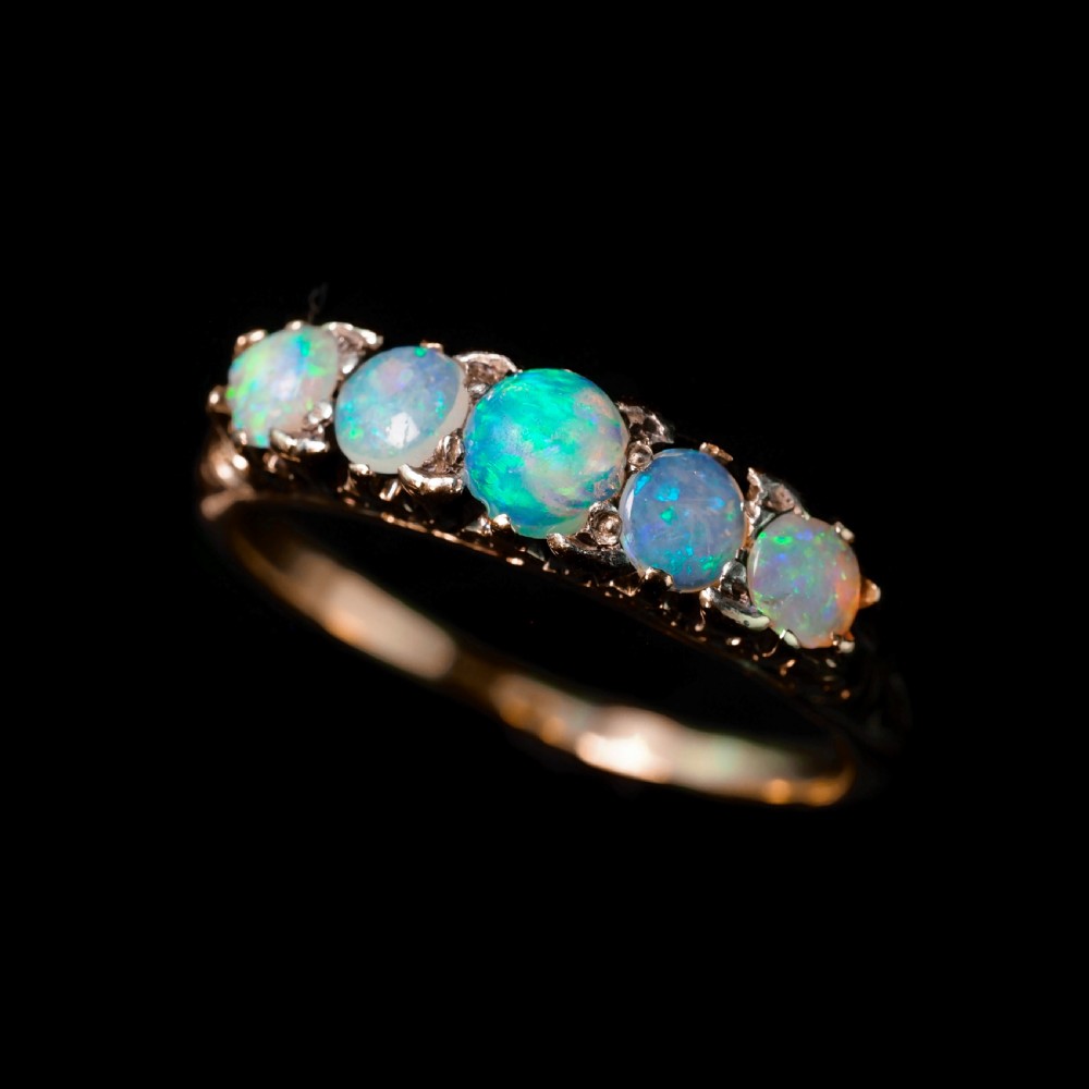 Antique Opal 14ct Gold Ring with 5 Cabochons & Fleur-de-lis Setting - Victorian c.1890 View XIII