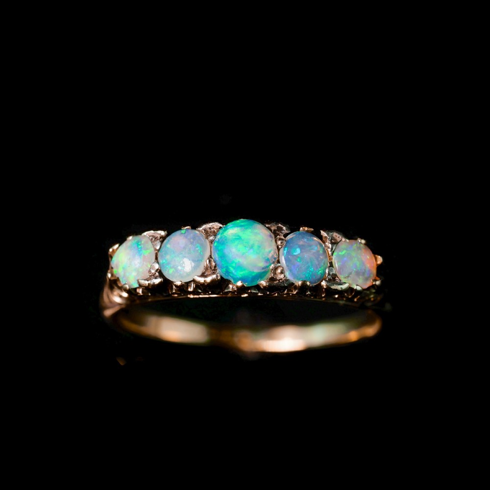 Antique Opal 14ct Gold Ring with 5 Cabochons & Fleur-de-lis Setting - Victorian c.1890 View XIV