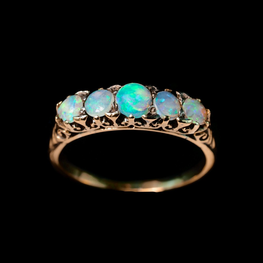 Antique Opal 14ct Gold Ring with 5 Cabochons & Fleur-de-lis Setting - Victorian c.1890 View XV