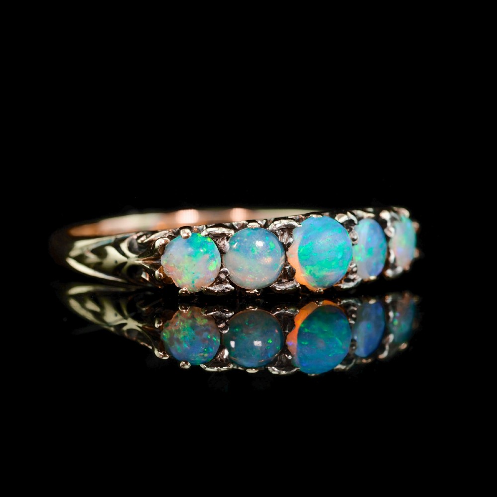 Antique Opal 14ct Gold Ring with 5 Cabochons & Fleur-de-lis Setting - Victorian c.1890 View XVI