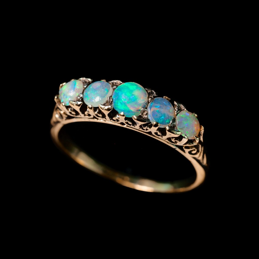 Antique Opal 14ct Gold Ring with 5 Cabochons & Fleur-de-lis Setting - Victorian c.1890 View XVII