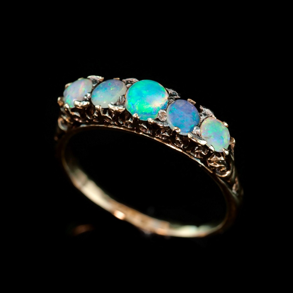 Antique Opal 14ct Gold Ring with 5 Cabochons & Fleur-de-lis Setting - Victorian c.1890 View XVIII