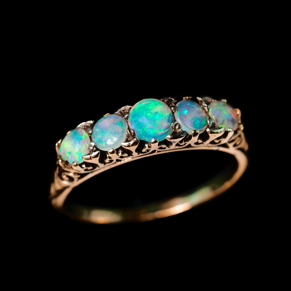 Antique Opal 14ct Gold Ring with 5 Cabochons & Fleur-de-lis Setting - Victorian c.1890 View XIX