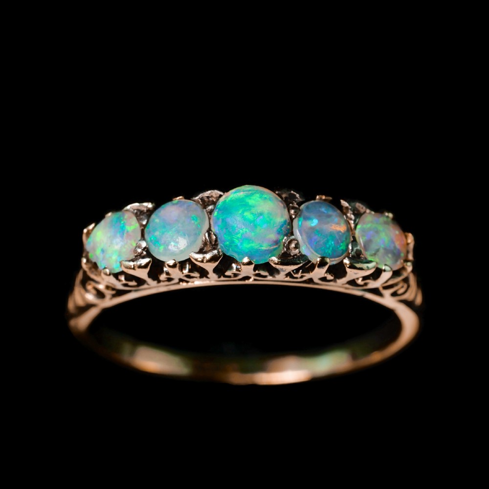 Antique Opal 14ct Gold Ring with 5 Cabochons & Fleur-de-lis Setting - Victorian c.1890 View XX