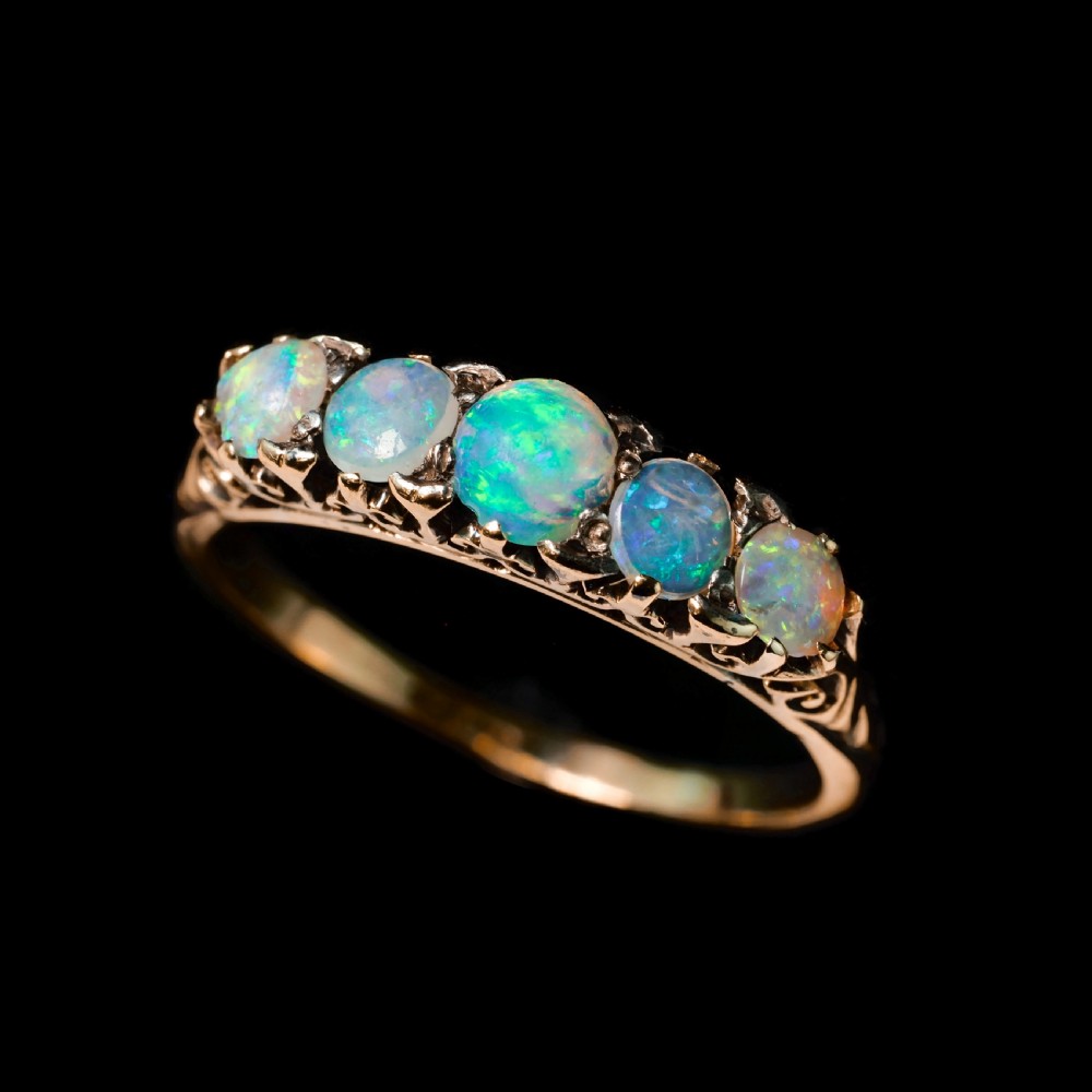 Antique Opal 14ct Gold Ring with 5 Cabochons & Fleur-de-lis Setting - Victorian c.1890 View XXI