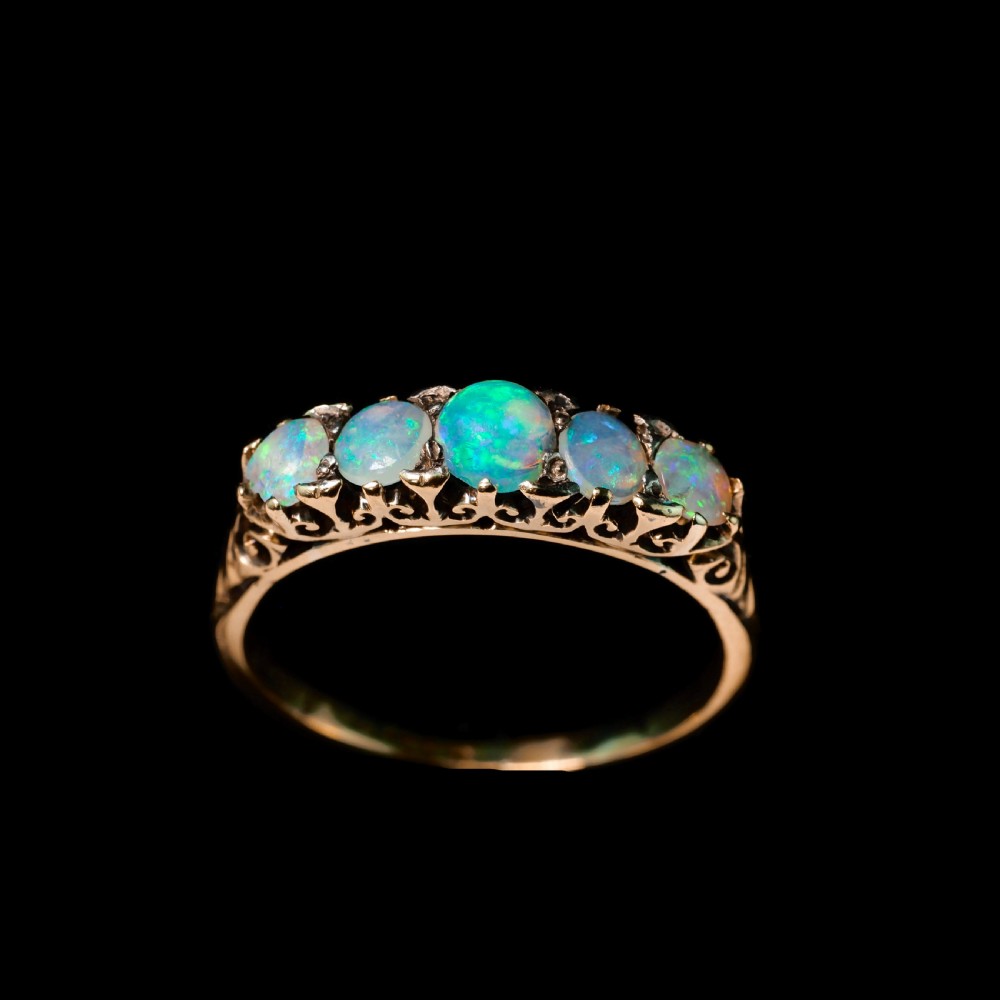Antique Opal 14ct Gold Ring with 5 Cabochons & Fleur-de-lis Setting - Victorian c.1890 View XXII