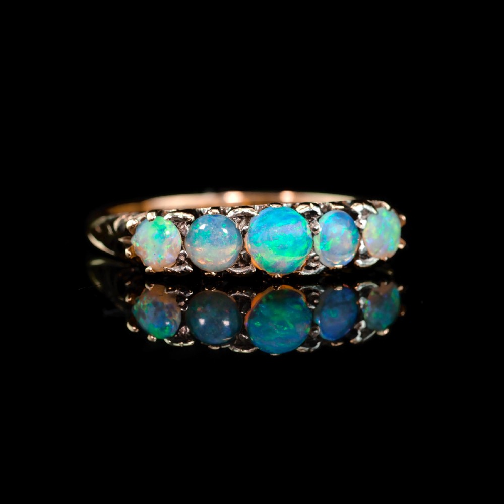 Antique Opal 14ct Gold Ring with 5 Cabochons & Fleur-de-lis Setting - Victorian c.1890 View XXIII