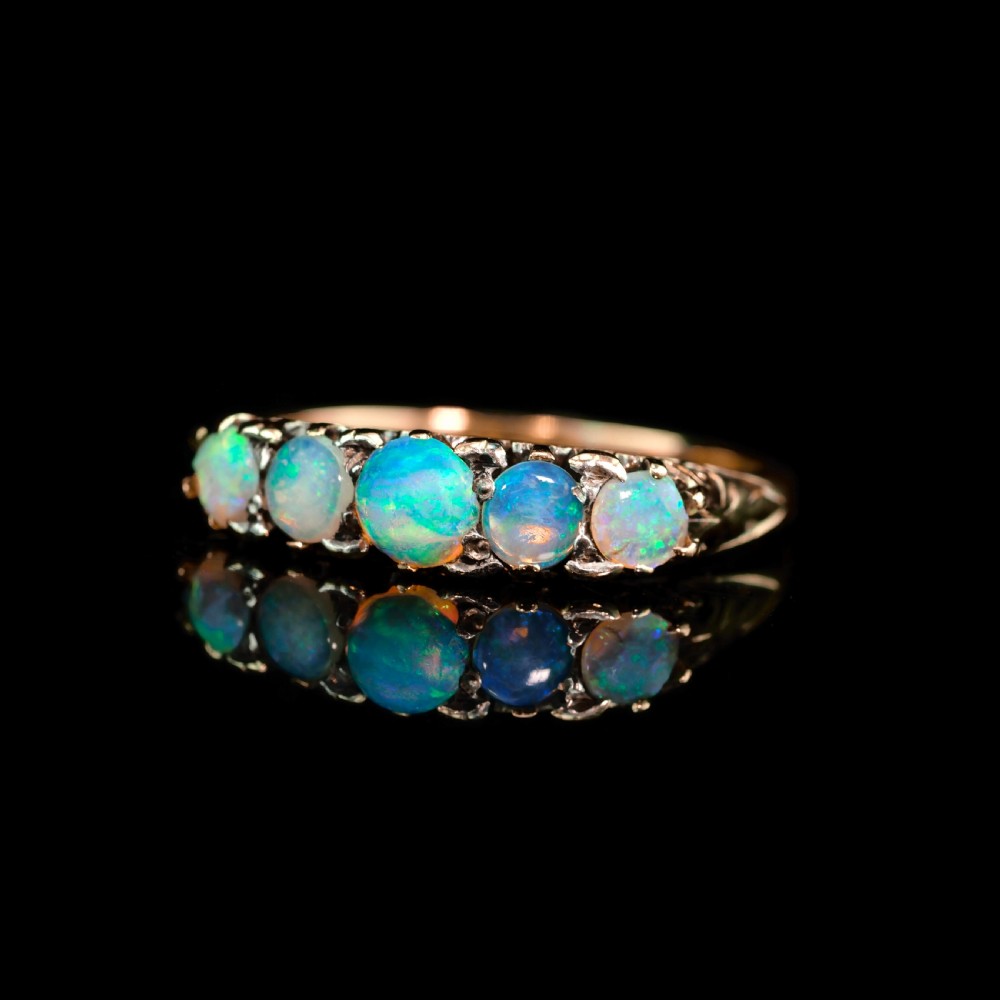 Antique Opal 14ct Gold Ring with 5 Cabochons & Fleur-de-lis Setting - Victorian c.1890 View XXIV