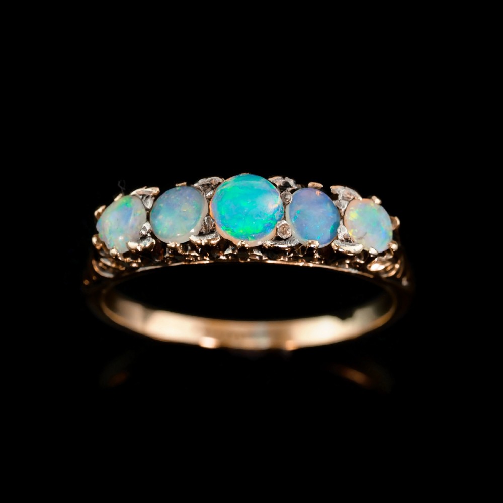 Antique Opal 14ct Gold Ring with 5 Cabochons & Fleur-de-lis Setting - Victorian c.1890 View XXV