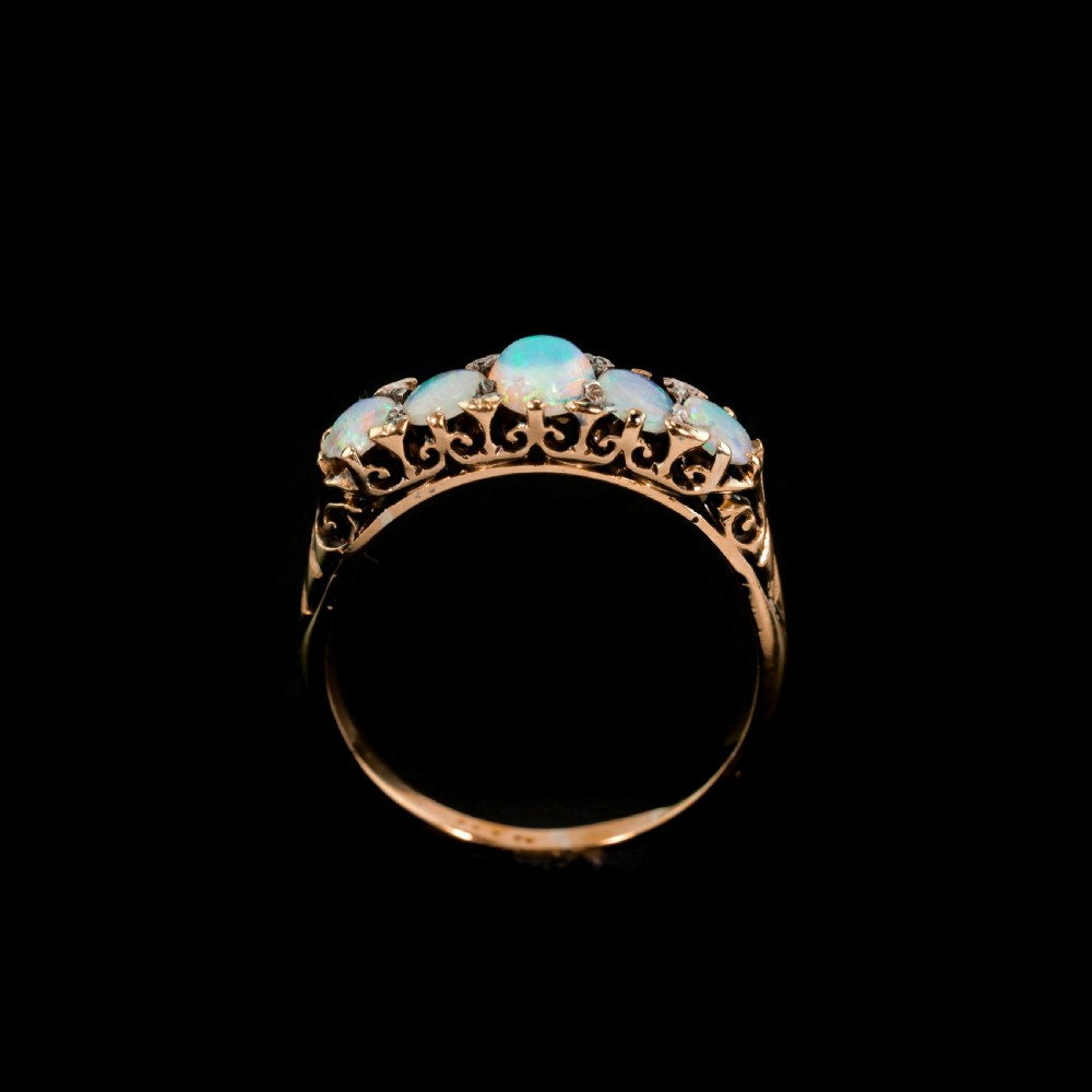 Antique Opal 14ct Gold Ring with 5 Cabochons & Fleur-de-lis Setting - Victorian c.1890 View XXVI