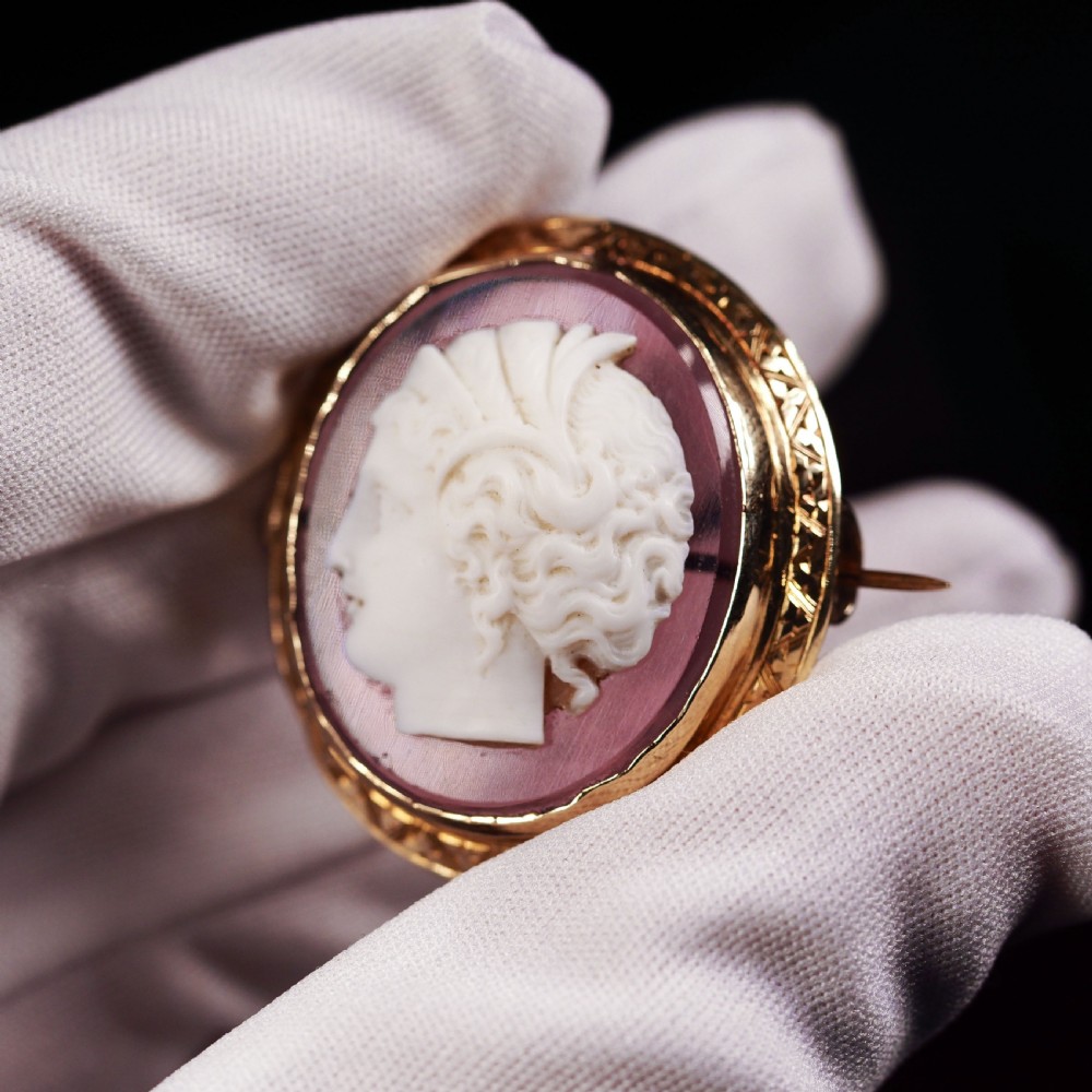 Antique 9ct Gold Purple Glass Figurehead Cameo - c.1910 View III