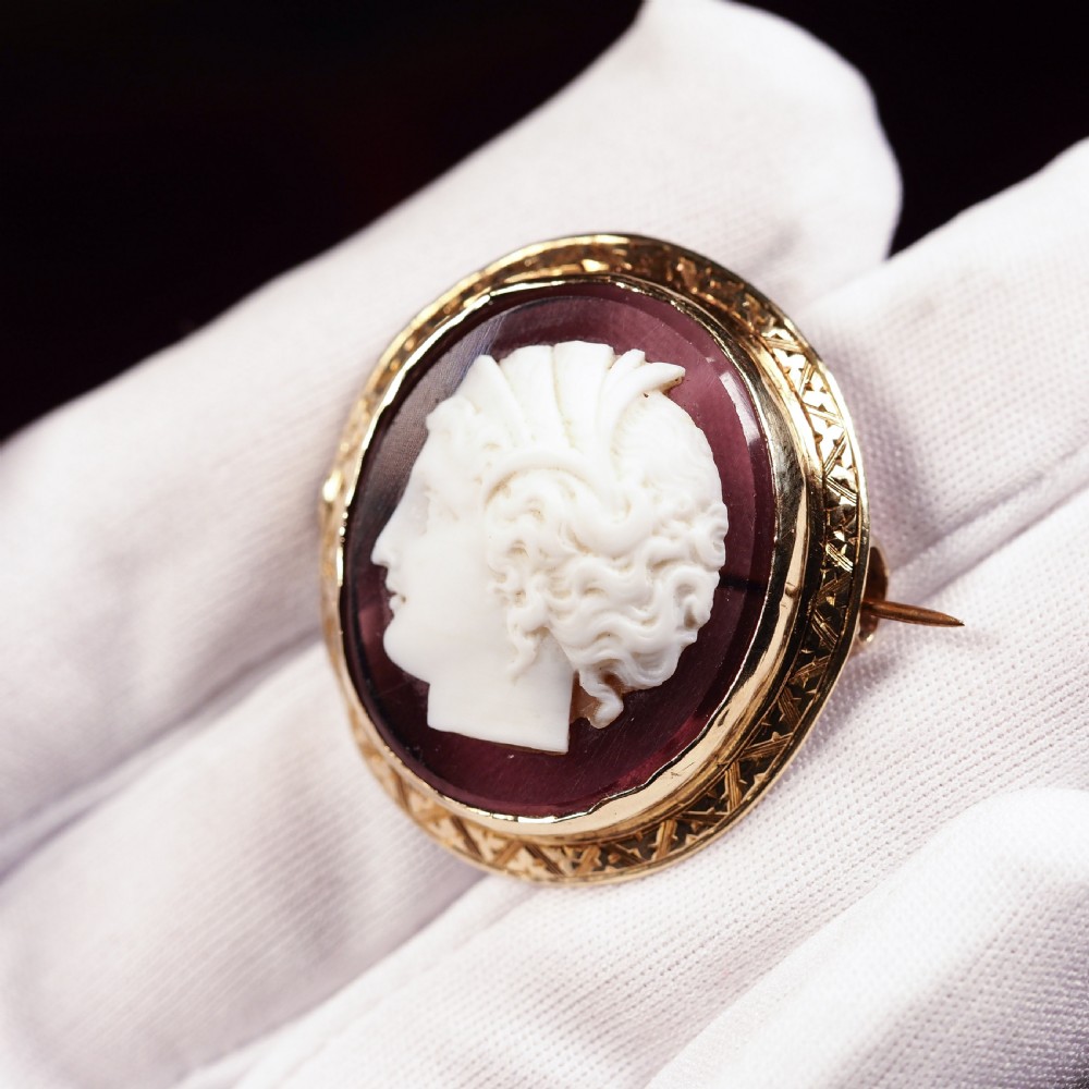 Antique 9ct Gold Purple Glass Figurehead Cameo - c.1910 View IV