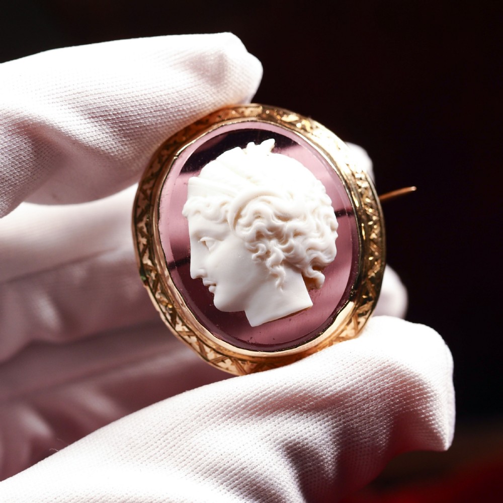Antique 9ct Gold Purple Glass Figurehead Cameo - c.1910 View V