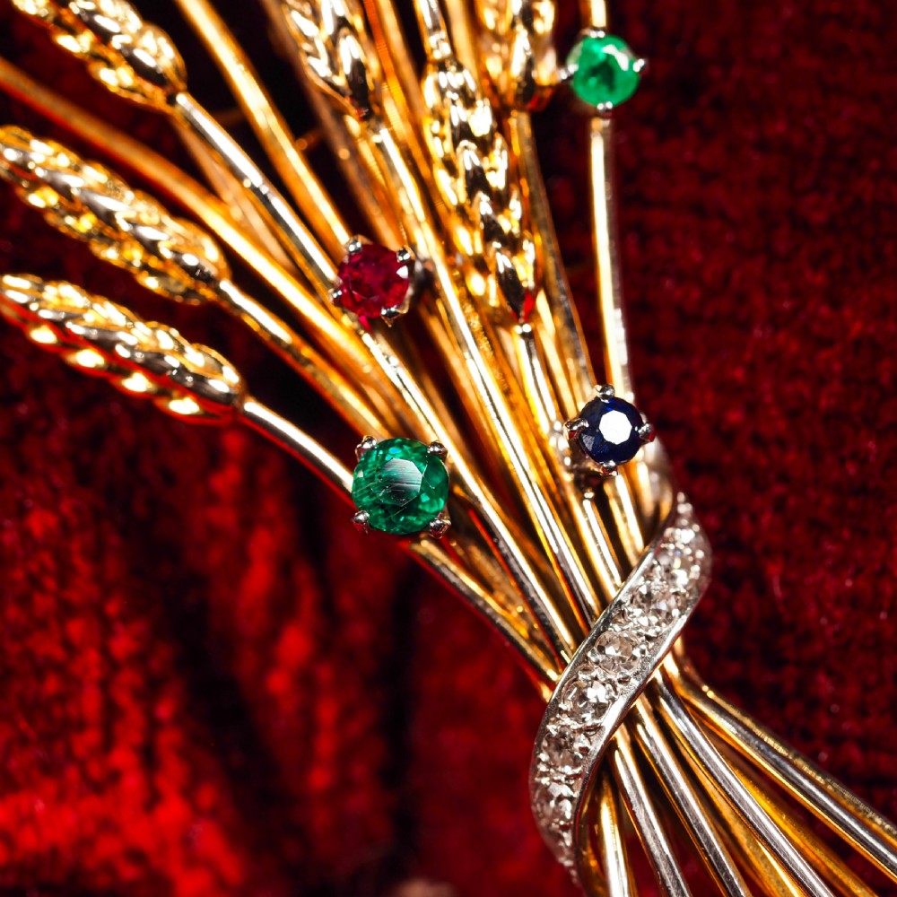 Antique 9ct Gold Harvest Wheat Brooch with Emeralds, Sapphires, Diamonds & Ruby  View II