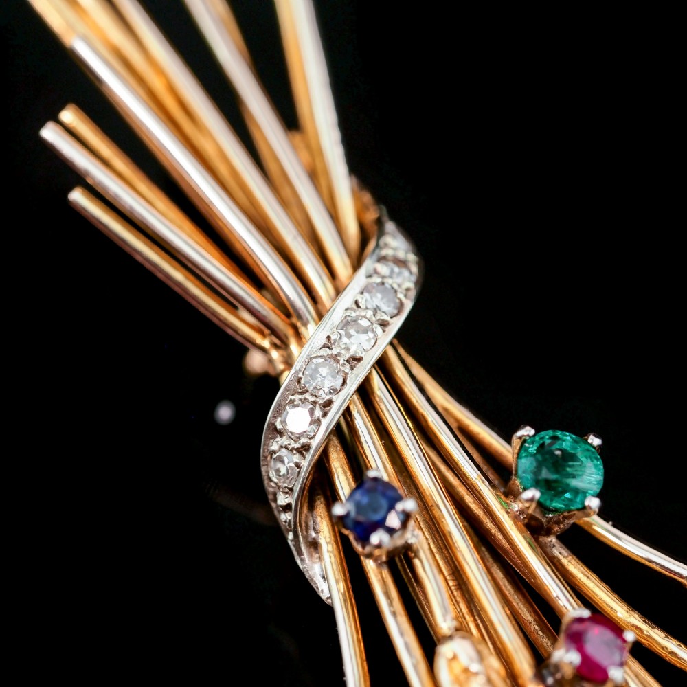 Antique 9ct Gold Harvest Wheat Brooch with Emeralds, Sapphires, Diamonds & Ruby  View VIII