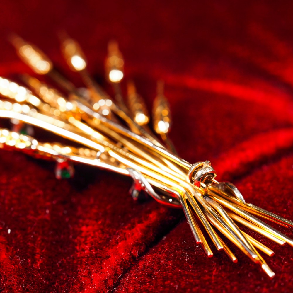 Antique 9ct Gold Harvest Wheat Brooch with Emeralds, Sapphires, Diamonds & Ruby  View X