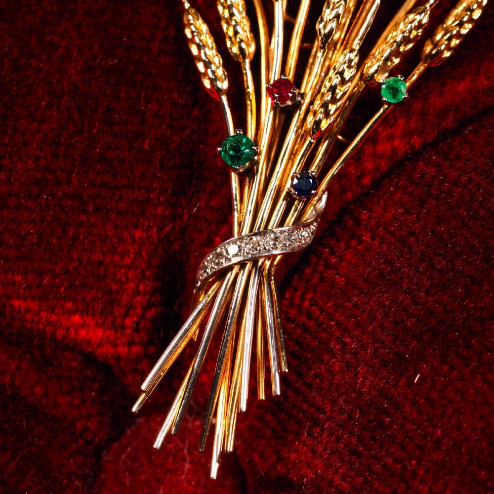 Antique 9ct Gold Harvest Wheat Brooch with Emeralds, Sapphires, Diamonds & Ruby  View XII