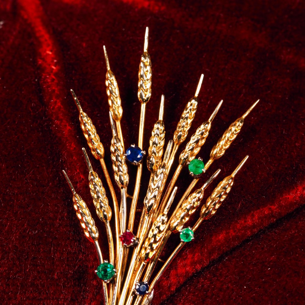 Antique 9ct Gold Harvest Wheat Brooch with Emeralds, Sapphires, Diamonds & Ruby  View XIII