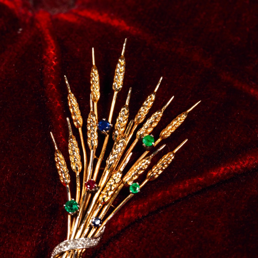 Antique 9ct Gold Harvest Wheat Brooch with Emeralds, Sapphires, Diamonds & Ruby  View XV