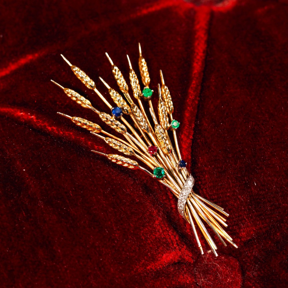 Antique 9ct Gold Harvest Wheat Brooch with Emeralds, Sapphires, Diamonds & Ruby  View XVI