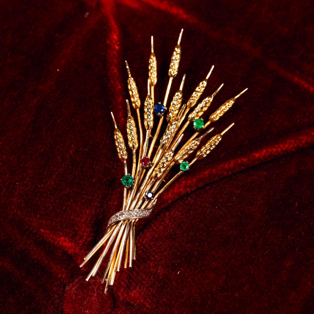 Antique 9ct Gold Harvest Wheat Brooch with Emeralds, Sapphires, Diamonds & Ruby  View XVII