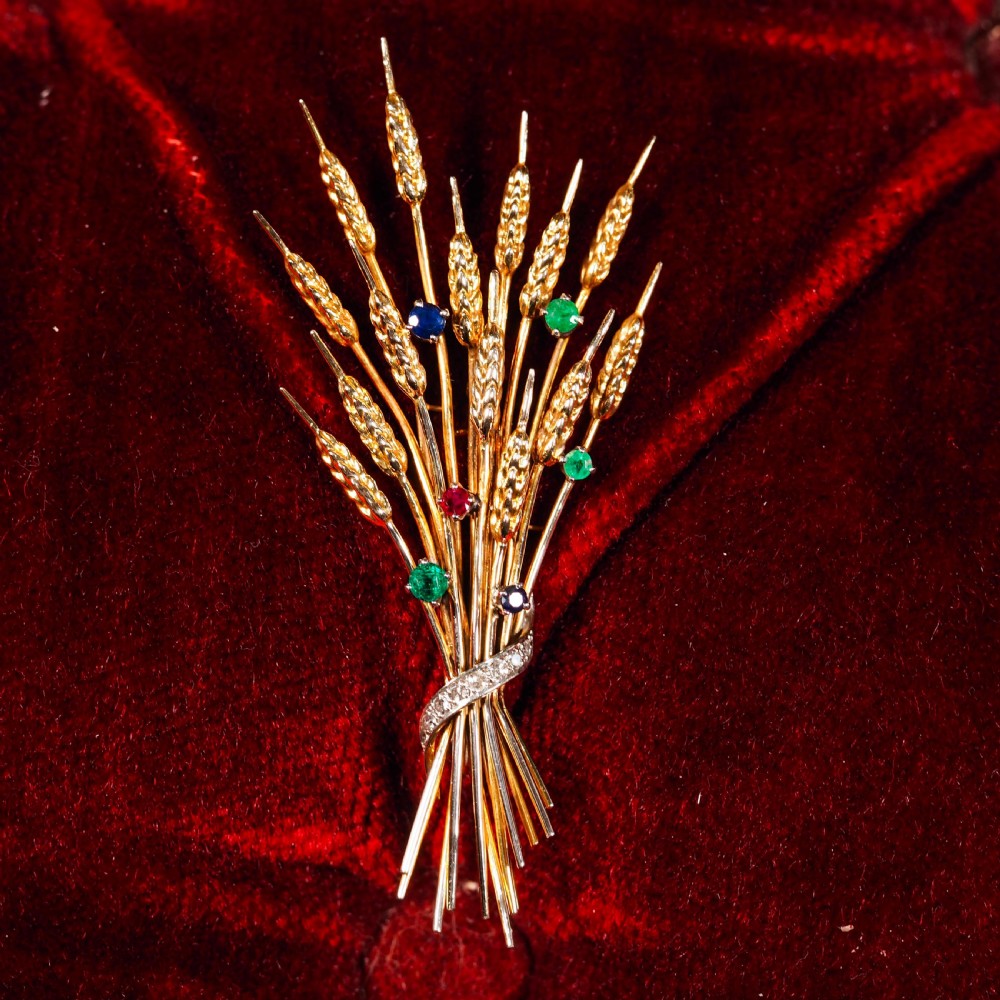 Antique 9ct Gold Harvest Wheat Brooch with Emeralds, Sapphires, Diamonds & Ruby  View XVIII