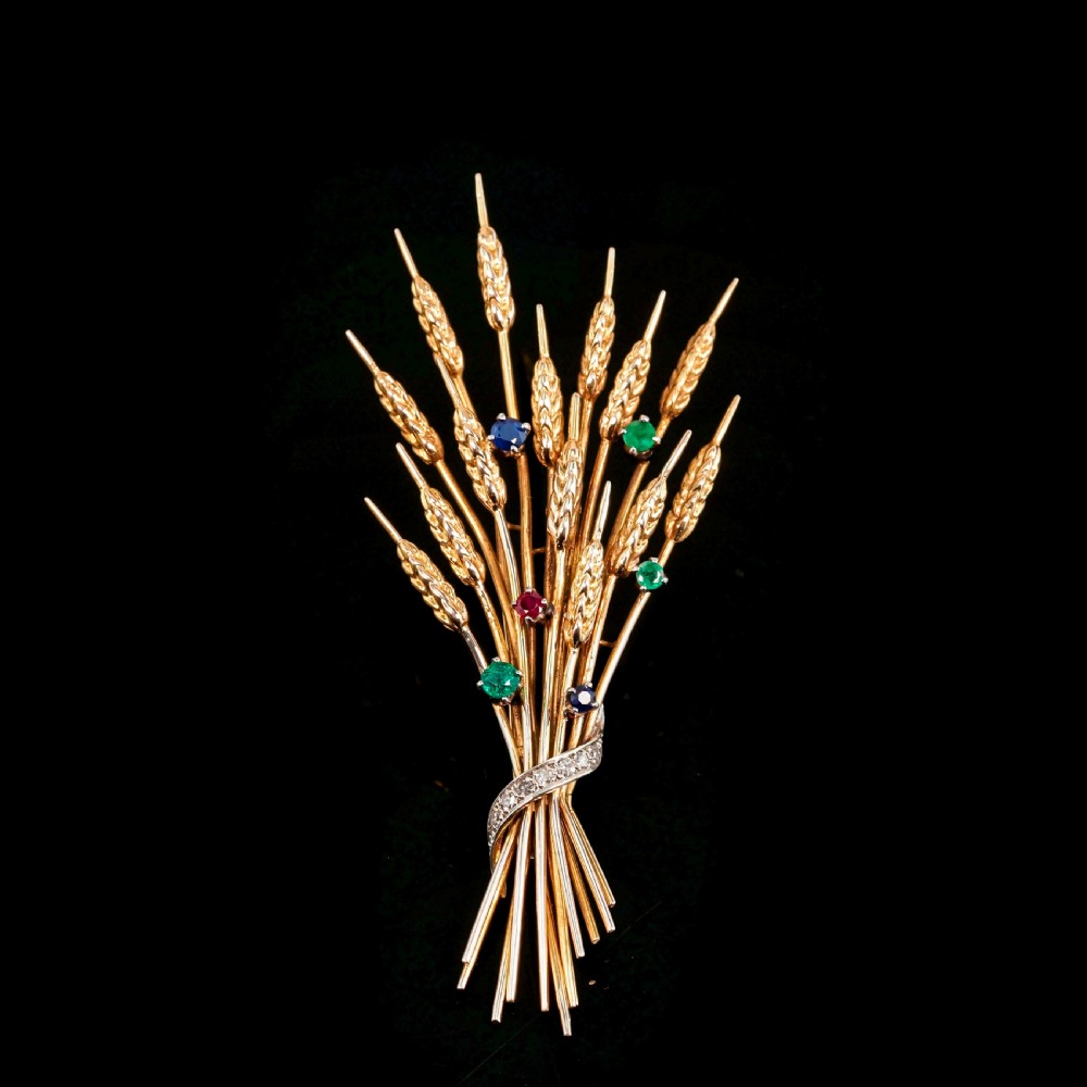 Antique 9ct Gold Harvest Wheat Brooch with Emeralds, Sapphires, Diamonds & Ruby  View XIX