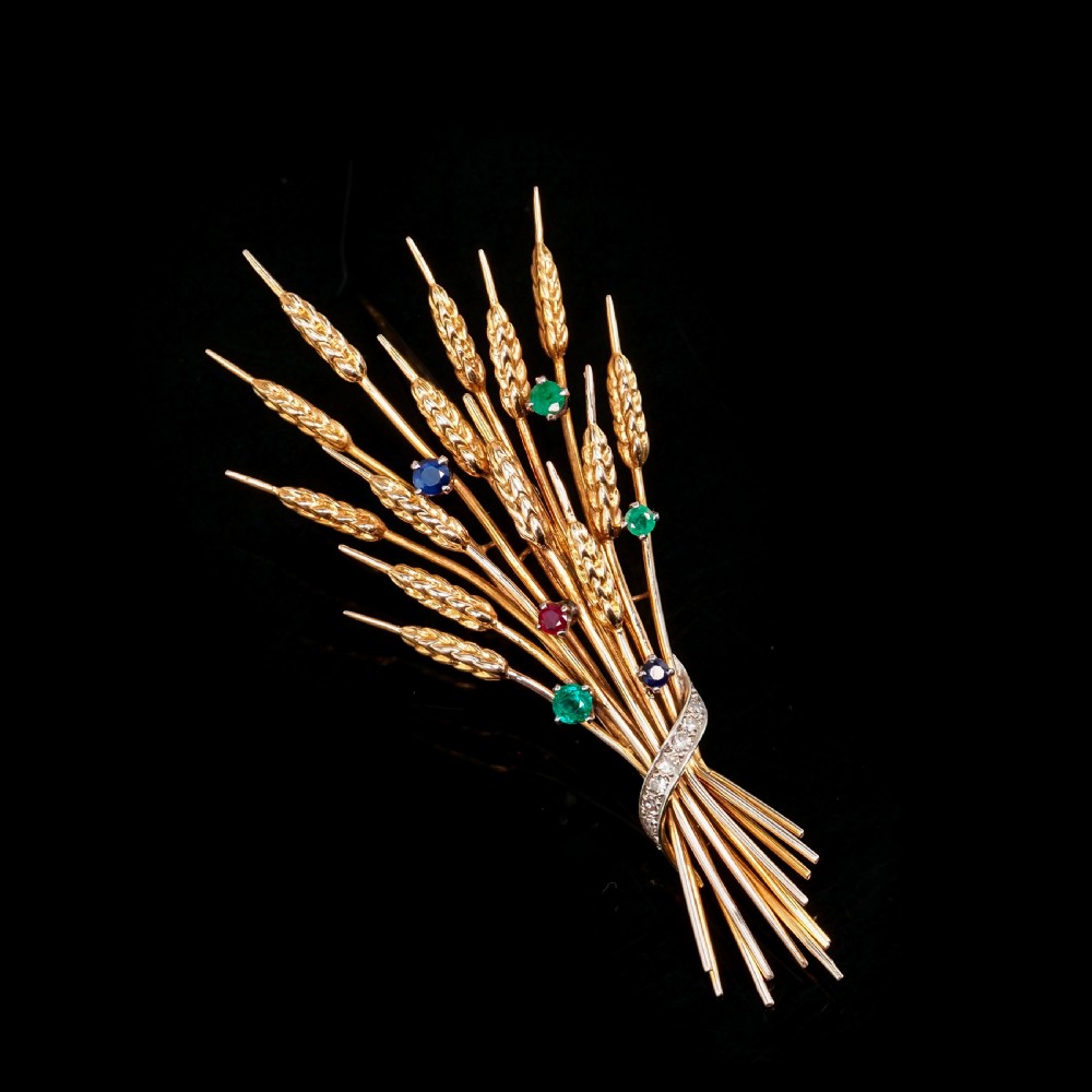Antique 9ct Gold Harvest Wheat Brooch with Emeralds, Sapphires, Diamonds & Ruby  View XX