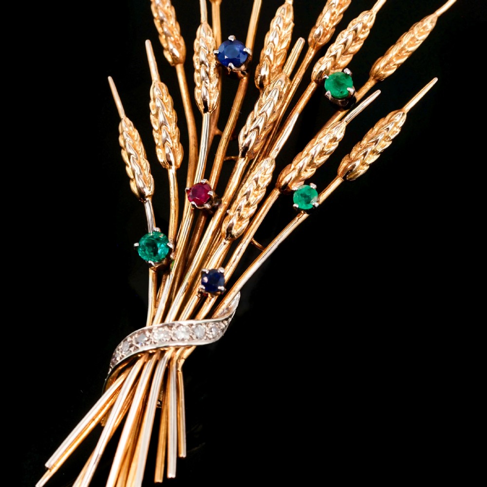 Antique 9ct Gold Harvest Wheat Brooch with Emeralds, Sapphires, Diamonds & Ruby  View XXI