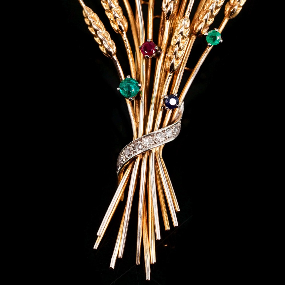 Antique 9ct Gold Harvest Wheat Brooch with Emeralds, Sapphires, Diamonds & Ruby  View XXII