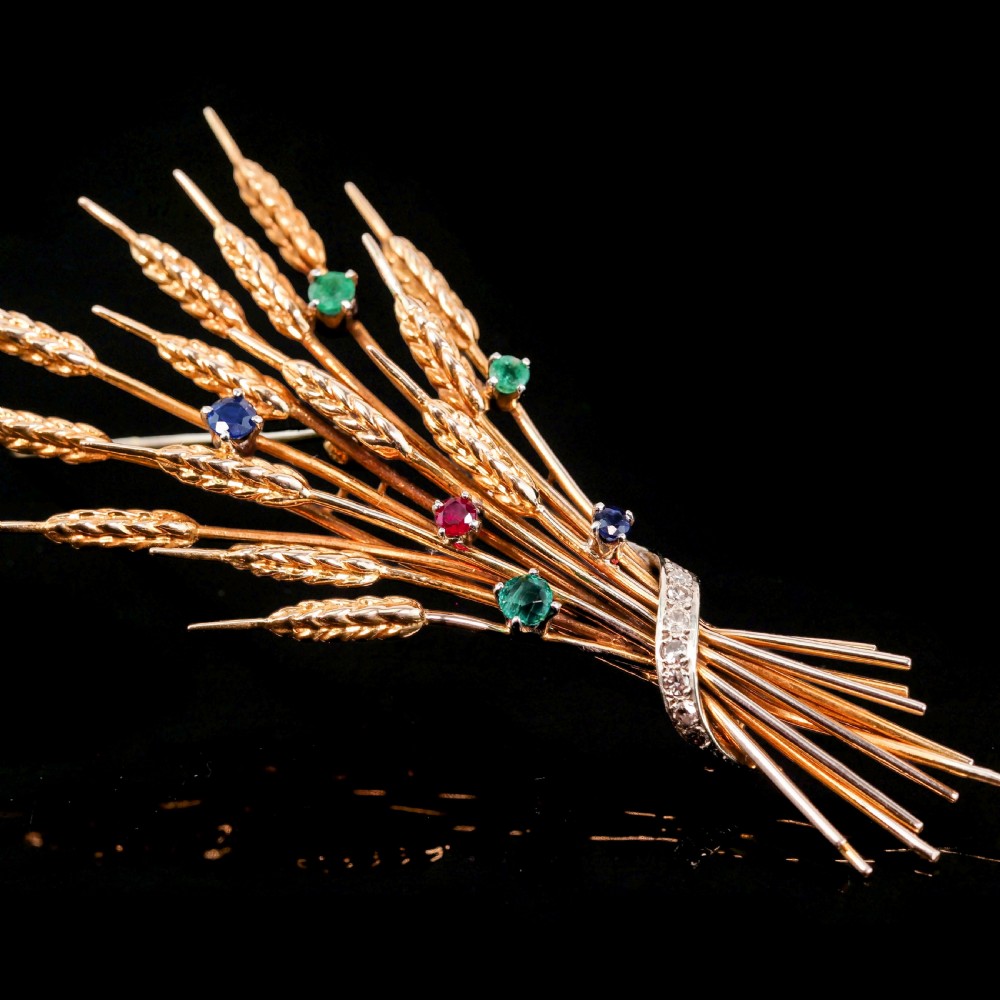 Antique 9ct Gold Harvest Wheat Brooch with Emeralds, Sapphires, Diamonds & Ruby  View XXIII