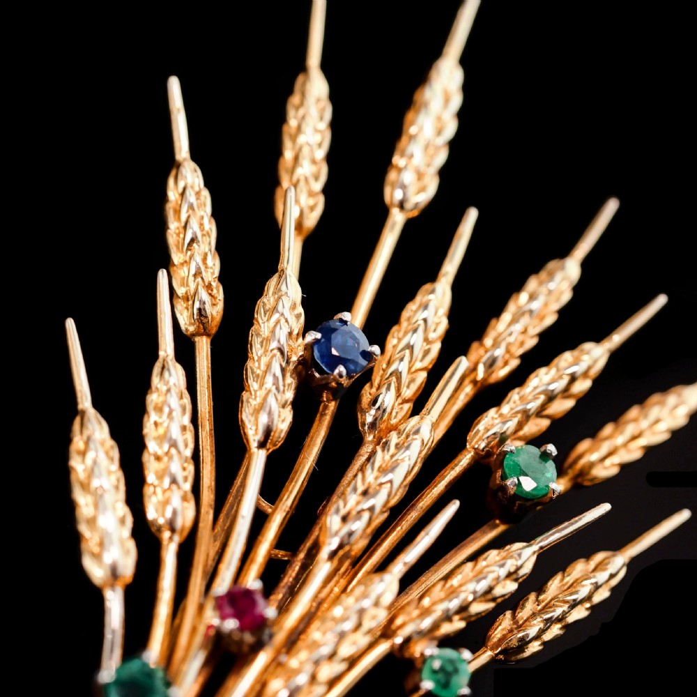 Antique 9ct Gold Harvest Wheat Brooch with Emeralds, Sapphires, Diamonds & Ruby  View XXIV