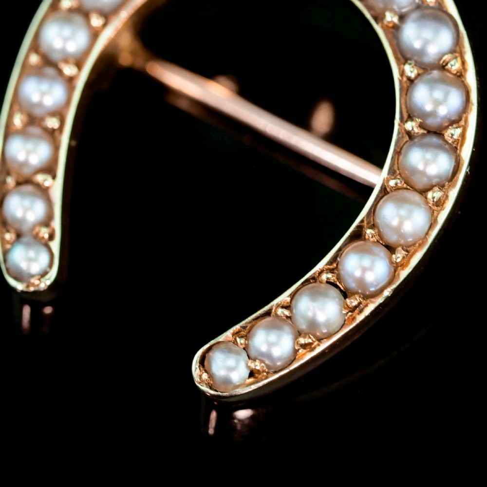 Antique Victorian 14ct Gold Horseshoe Pearl Brooch/Pin - c.1860 View XV
